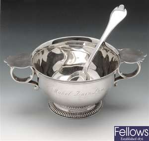 Cased silver christening bowl and spoon.