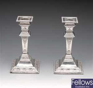 Pair of Victorian silver candlesticks.