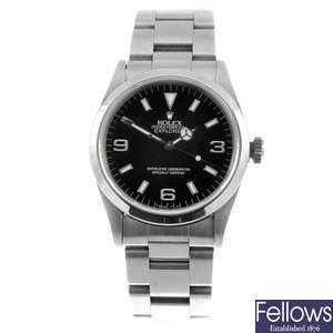 A stainless steel automatic gentleman's Rolex Explorer bracelet watch.