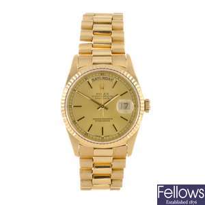 An 18ct gold automatic gentleman's Rolex Day-Date bracelet watch.