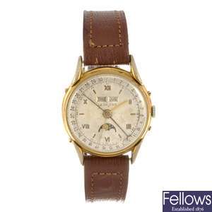 A gold plated manual wind gentleman's Triple Date wrist watch by Leonidas.