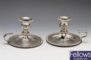 A pair of Old Sheffield plate chamber candlesticks.