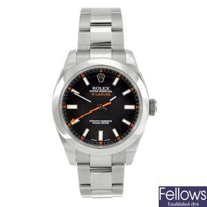 A stainless steel automatic gentleman's Rolex Oyster Perpetual Milgauss bracelet watch.