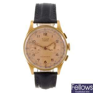 An 18K gold manual wind gentleman's chronograph wrist watch by Titus