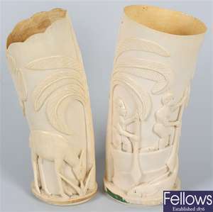 A near pair of early 20th Century African ivory tusk vases