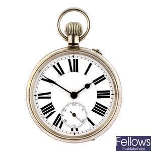 A base metal keyless wind pocket watch with silver fronted travel case.