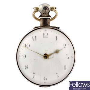 A George III silver key wind pair case pocket watch.