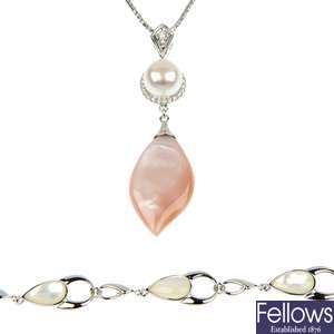 Nineteen mother-of-pearl & freshwater cultured pearl pendants and nineteen mother-of-pearl bracelets