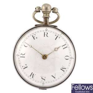 A silver key wind open face pair case pocket watch signed Thomas Mercer.