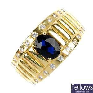 A sapphire and cubic zirconia band ring.
