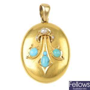 A late 19th century gold turquoise and split pearl pendant.