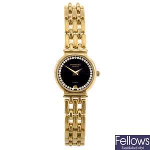 A gold plated quartz lady's Raymond Weil bracelet watch.