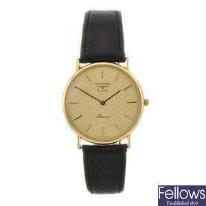 (116184235) A gold plated quartz gentleman's Longines Presence wrist watch.