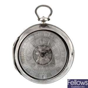 A George I silver key wind pair case pocket watch signed Etherington, London.