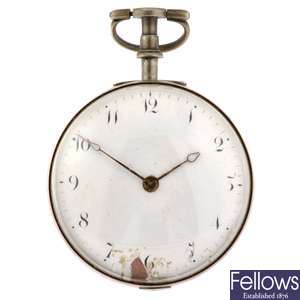 A George III silver key wind pair case pocket watch signed Richard Honychurch, London.