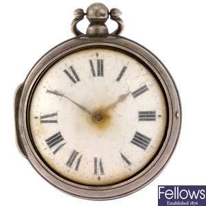 A George IV silver key wind pair case pocket watch signed Edward Crow, Faversham.