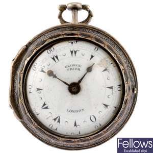 A George III silver key wind pair case pocket watch signed George Prior, London.