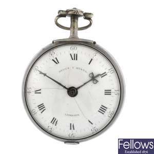A George III silver key wind pair case pocket watch signed Higgs & Evans, London.