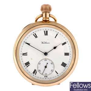 A gold plated keyless wind open face Waltham pocket watch. Together with 2 other pocket watches.