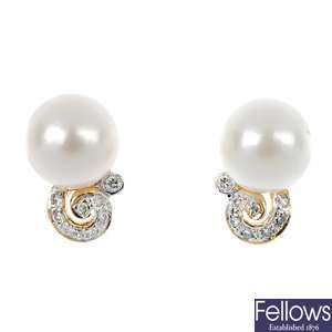 A pair of 18ct gold cultured pearl and diamond earrings. 