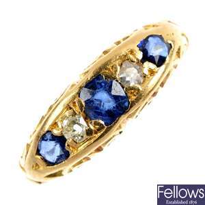 A late 19th century 18ct gold sapphire and diamond ring. 