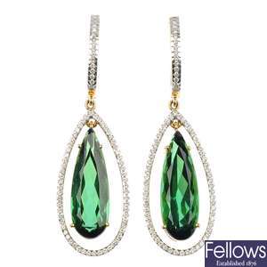 A pair of 18ct gold tourmaline and diamond ear pendants.