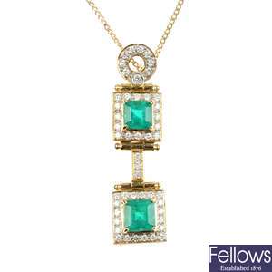 An 18ct gold emerald and diamond pendant.