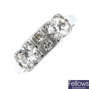 A mid 20th century platinum diamond composite dress ring.
