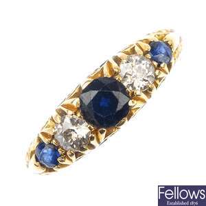  An Edwardian 18ct gold sapphire and diamond five-stone ring. 
