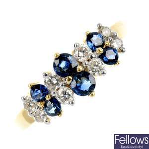 An 18ct gold diamond and sapphire two row ring.