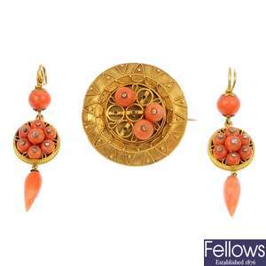 A set of mid 19th century gold, coral and diamond jewellery.