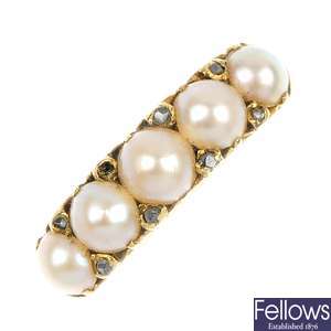 A late Victorian gold, split pearl and diamond ring.