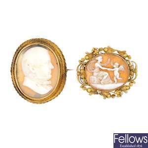 Two late 19th century shell cameo brooches.