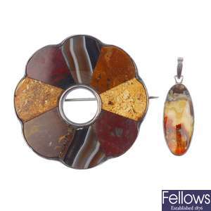 A selection of three late 19th century Scottish hardstone brooches and an agate pendant.