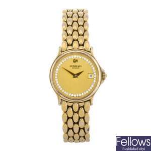 A gold plated quartz lady's Raymond Weil bracelet watch.