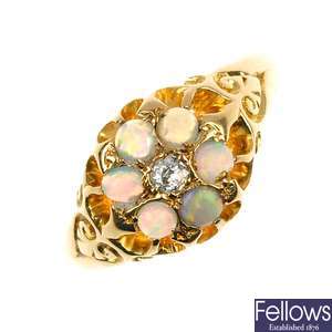 An18ct gold opal and cluster diamond ring