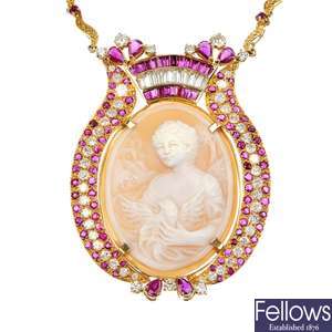 A continental cameo, diamond and ruby necklace.