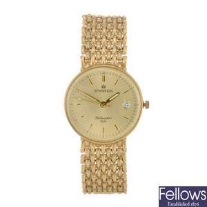 (405055682) A 9ct gold quartz gentleman's Sovereign bracelet watch.