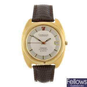 A gold plated electronic gentleman's Omega Constellation wrist watch.