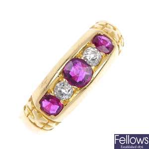 A late Victorian 18ct gold ruby and diamond ring. 