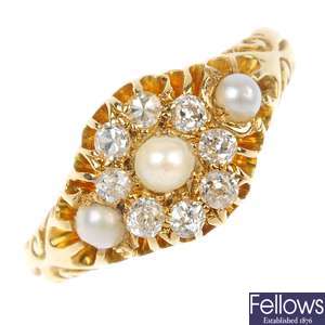 A Victorian 18ct gold split pearl and diamond cluster ring.