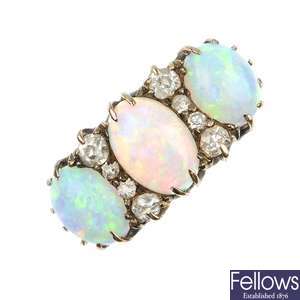 A late 19th century gold opal and diamond dress ring.