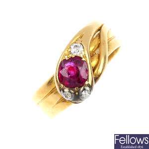 A late 19th century 18ct gold, ruby and diamond snake ring.