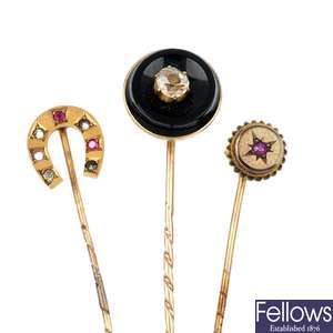A selection of three Victorian and later gem-set stick pins.