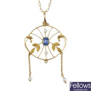 An early 20th century 9ct gold sapphire and seed pearl pendant.