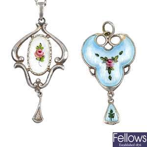 CHARLES HORNER - a floral enamel pendant and brooch, and a further enamel pendant.