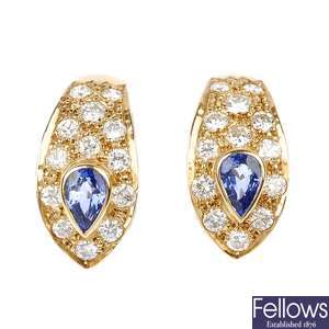 A pair of sapphire and diamond ear clips. 