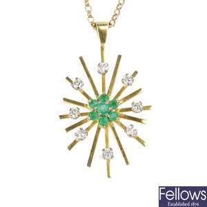 A 1980s 18ct gold emerald and diamond cluster pendant.