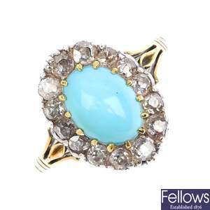An early 20th century gold turquoise and diamond ring.