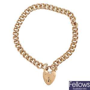 (528387-1-A) An early 20th century 9ct rose gold gate bracelet with heart-shape padlock.